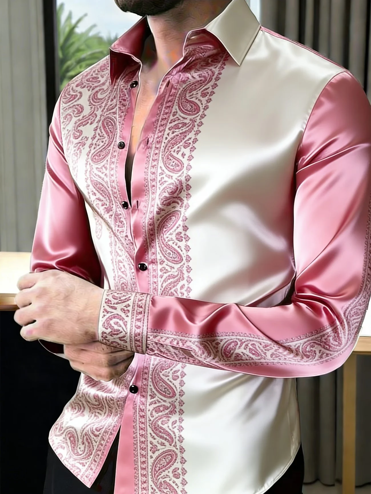 New Arrival Black Satin Tropical Coconut Tree Print Trimmed Men's Long Sleeve Shirt Casual Vacation Style Shirt