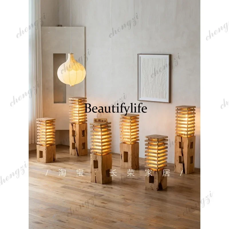 A52 Creative wooden pile wooden pier hotel log sofa corner flower stand solid wood ornament homestay floor lamp