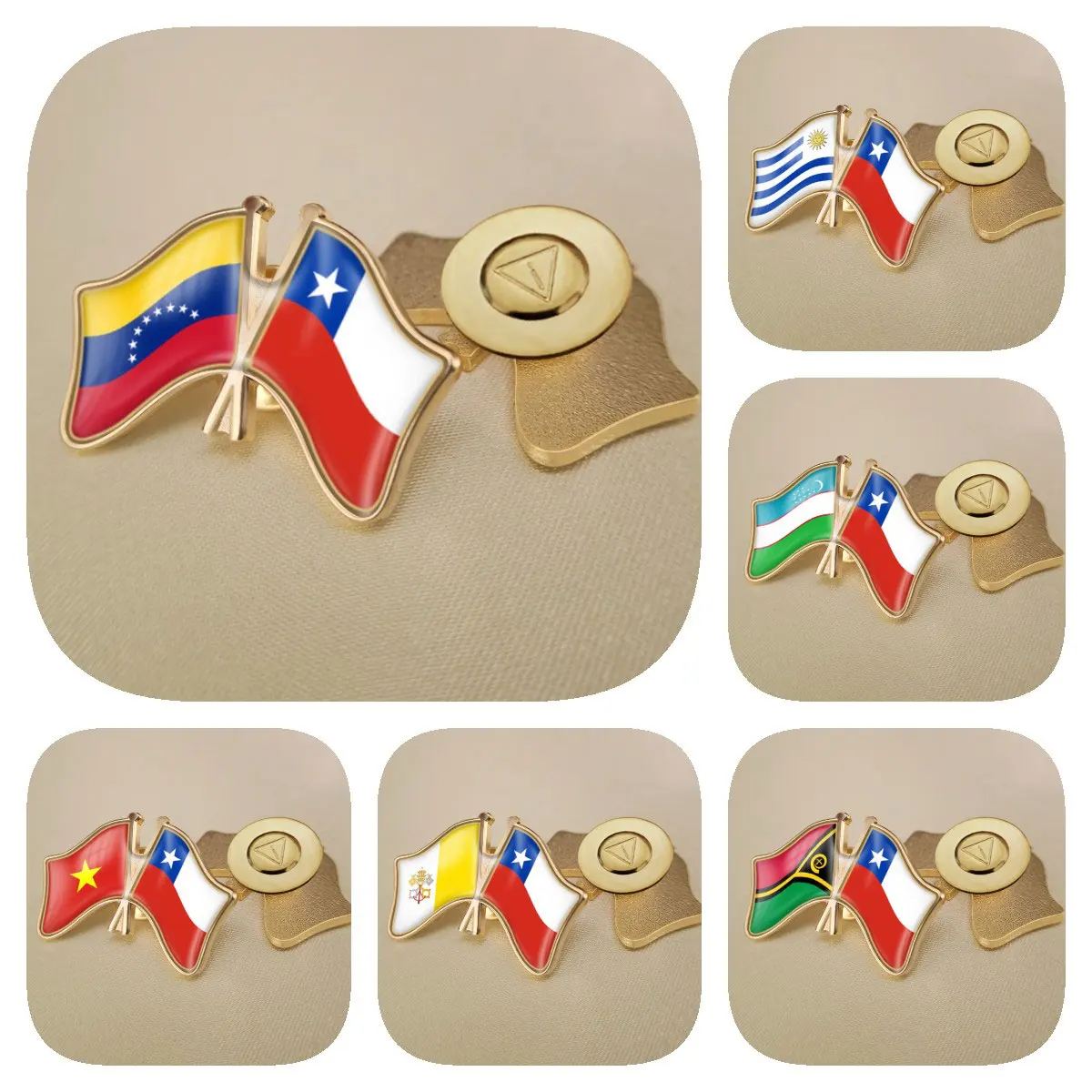 Chile and Uruguay Uzbekistan Vanuatu Vatican City State Venezuela Vietnam Double Crossed Friendship Flags Brooches Lapel Pins