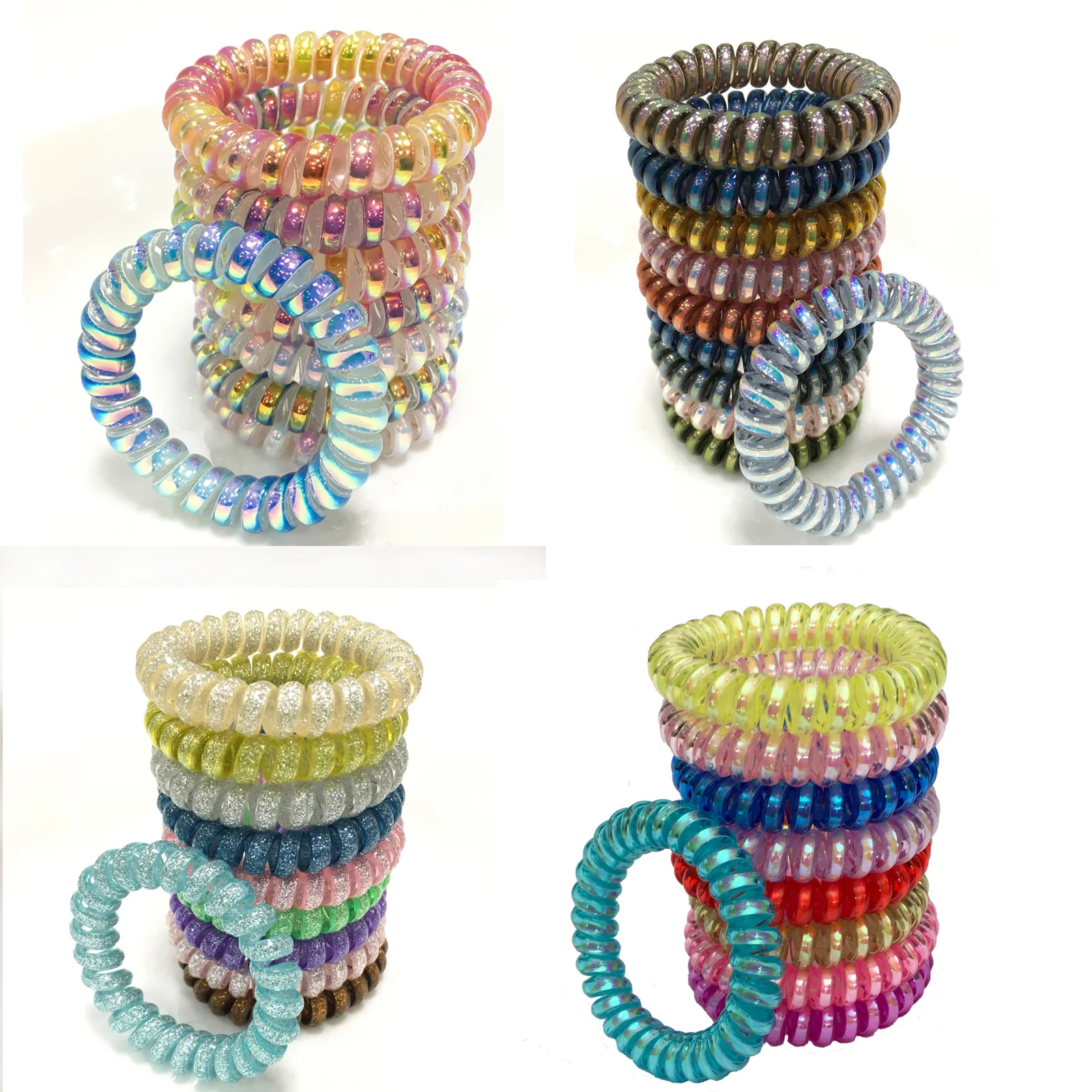 4 PCS Colorful Coil Hair Ties  Elastic Women Girls Rubber Spiral Shape Hair Ring Bands Ponytail Holders Telephone Wire Hair Rope