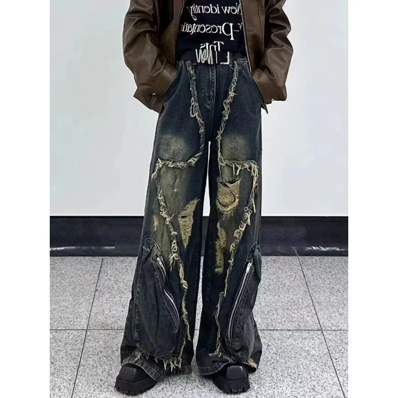 Streetwear Deconstructed Frayed Jeans Women Distressed Cargo Big Pockets Ripped Floor-Length Loose Fit Summer Trendy Slacks