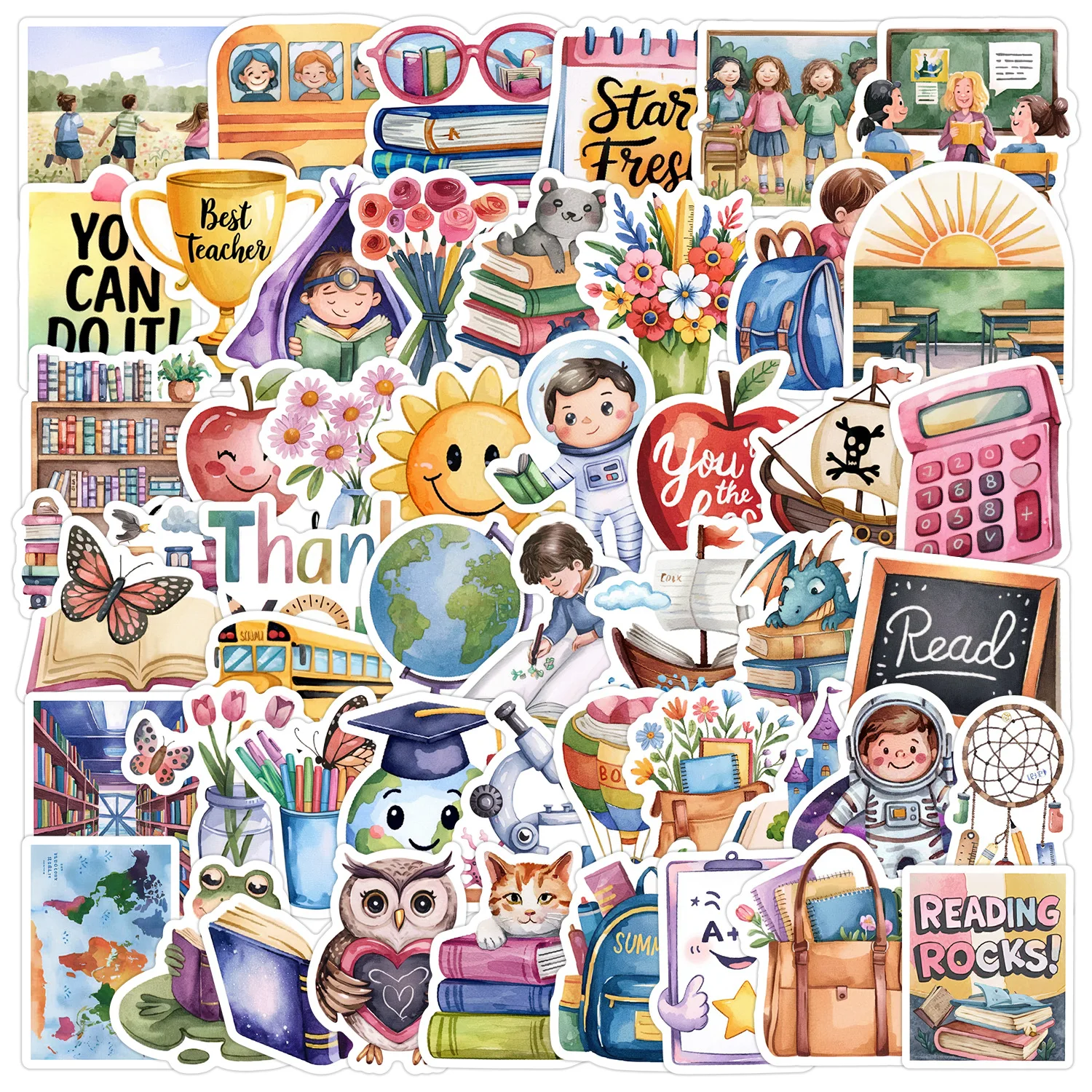 50/100Pcs Fresh Campus Style Cartoon Watercolor Doodle Stickers DIY Stationery Box Notebook Drawer Desk Storage Box Helmet Decal