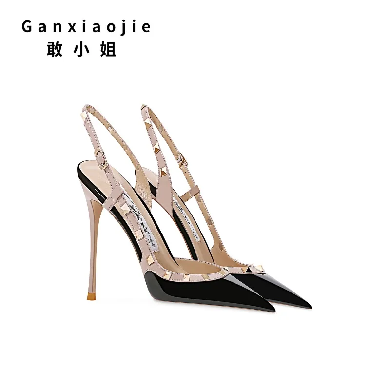 

2025 New European and American Fashion High Heels Women's Fine Heel Pointed Versatile Black Sandals with Riveted Backs