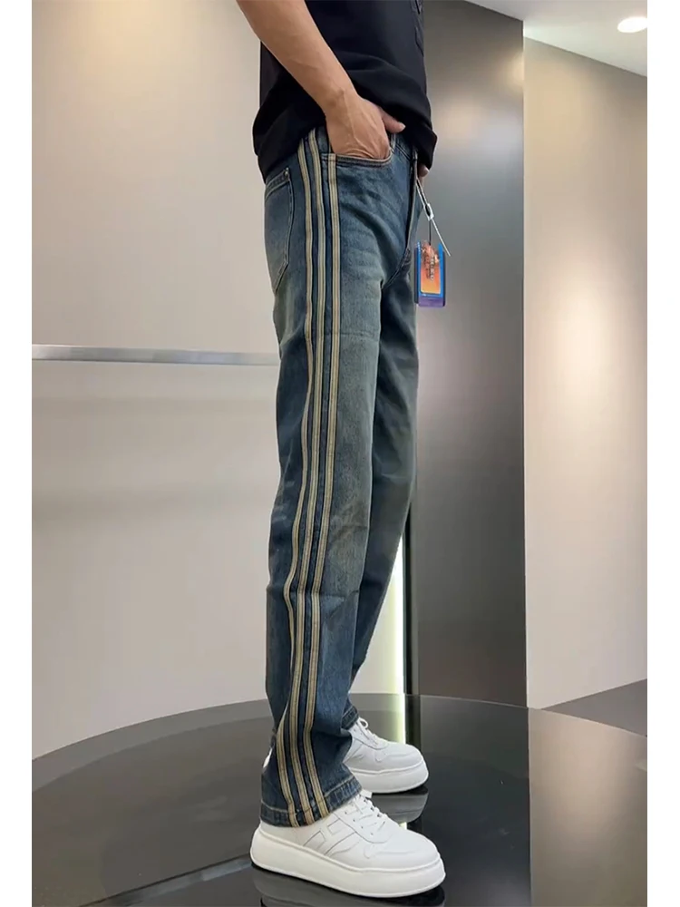 

New 2025 Men's Loose Fit Washed Vintage Blue Striped Denim Pants Trendy Wide Leg Long Trousers Cotton Stretch Youth Style
