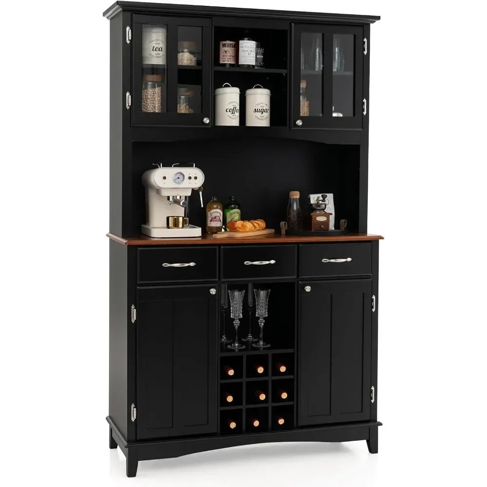 

Buffet Cabinet on Storage Island, Wood Kitchenware Server with 3 Large Drawers and 9 Wine Bottle Modules (Black)