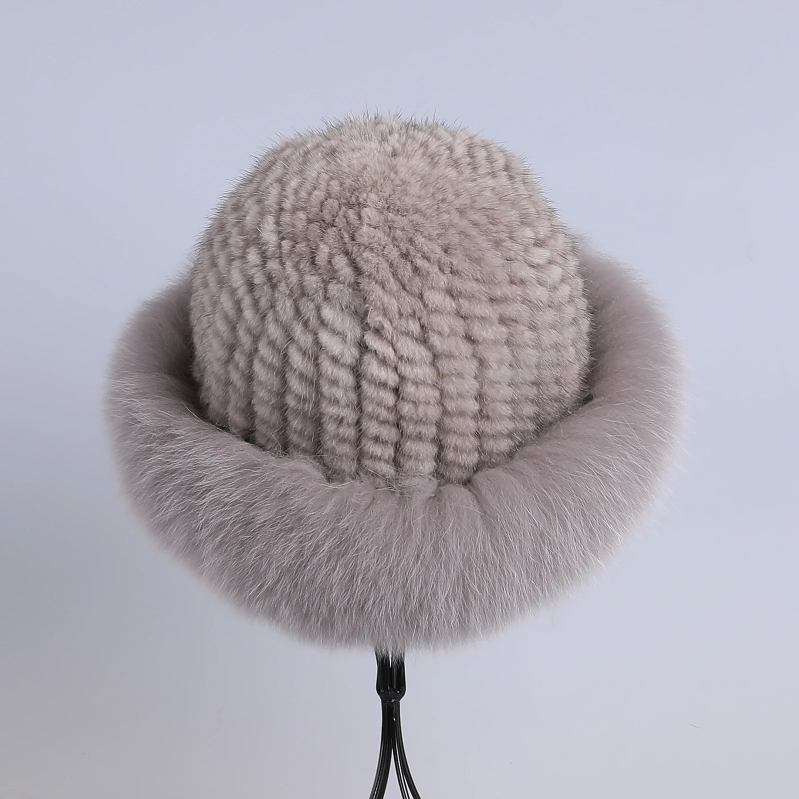 Frauen Winter warm echte Premuim Nerz Fell gestrickt Eimer Hut pelzigen Echtpelz Kappen Big Fox Pelz besatz Krempe verstellbar – Detail 16