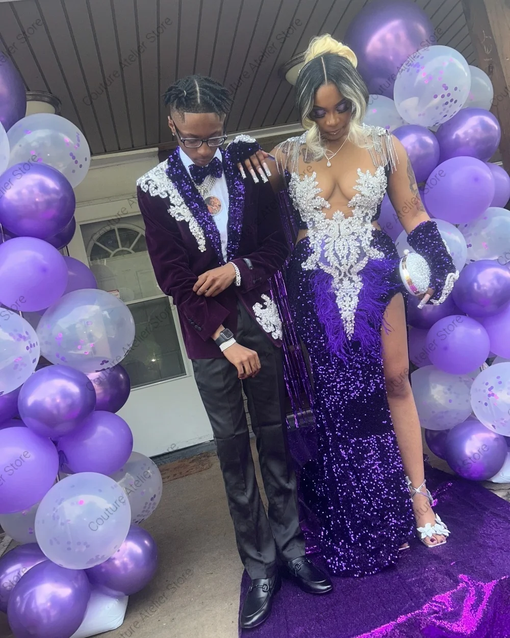 

Purple Velvet Sequins Graduation Prom Dress 2026 For Blackgirls High Split Ball vestidos de noche Formal Evening Customized