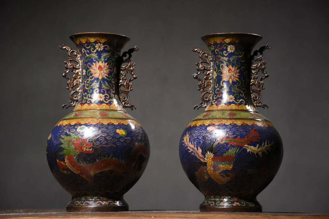 

14"Tibetan Temple Collection Old Purple Bronze Cloisonne Dragon Phoenix Dragon Ear Vase A Pair Appreciate Bottle Town House