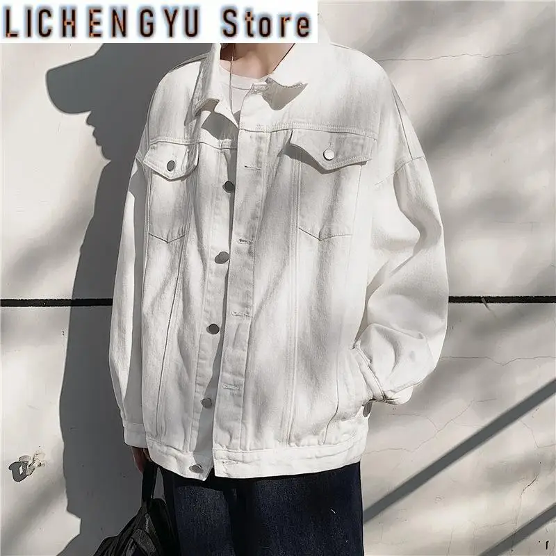 

Spring and Autumn White Denim Jacket Men's Hong Kong Style Loose Trendy Brand Tooling Jacket Ins Korean Version Trendy Top