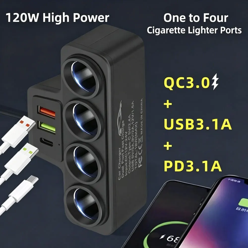Multi-port QC3.0 PD Car Charger Adapter 4 Expansion Ports 12-24V Car Plug Smart Shunt for Fast Charging