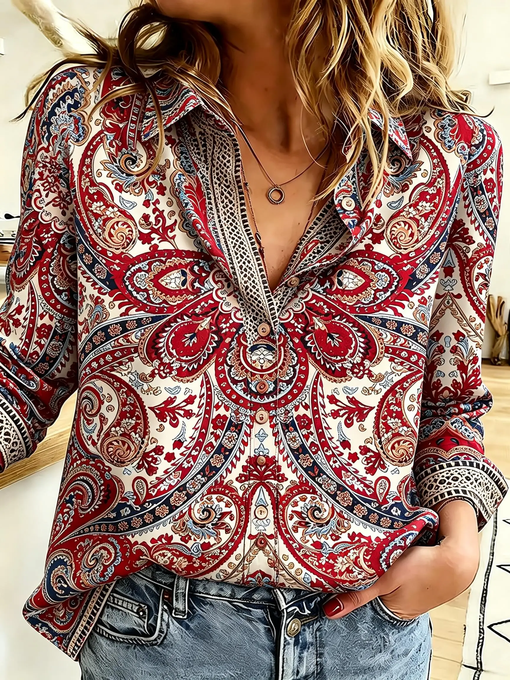 Women Long Sleeve Button‑Up Shirt Vintage Boho Floral Skull Paisley Print Turn‑Down Collar Satin Blouse Tops view 3
