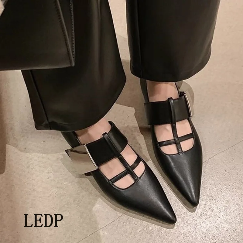 

LEDP Brand Pointy Design Retro Black Office Single Shoes Flat Niche Chunky Heel Shallow Cut 2024 Summer Mary Jane Women's Shoes