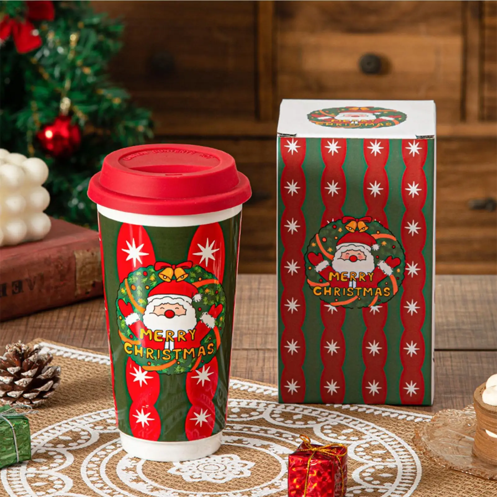 Christmas Coffee Cups 580ml Reusable Ceramic Holiday Drinkware Travel Coffee Mug for Women Coworkers Men Friends Family Adults