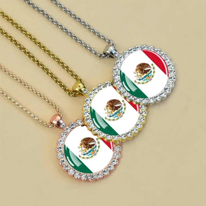 Mexico Flag Necklace Round Glass Cabochon Necklace Mexican Flag Pendant Jewelry Patriot Gift