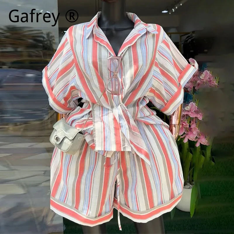 2026 Women Sweet Fresh Striped Collared Short Sleeve Shirt High Waist Straight Leg Shorts Set Summer Casual Two Piece Outfit