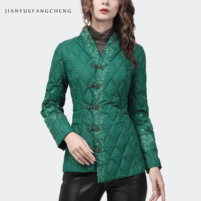 Vintage Embroidered Green Mid-Length V-Neck Women Down Jacket Winter Warm Lightweight White Duck Down Puffer Coat Cotton Jackets