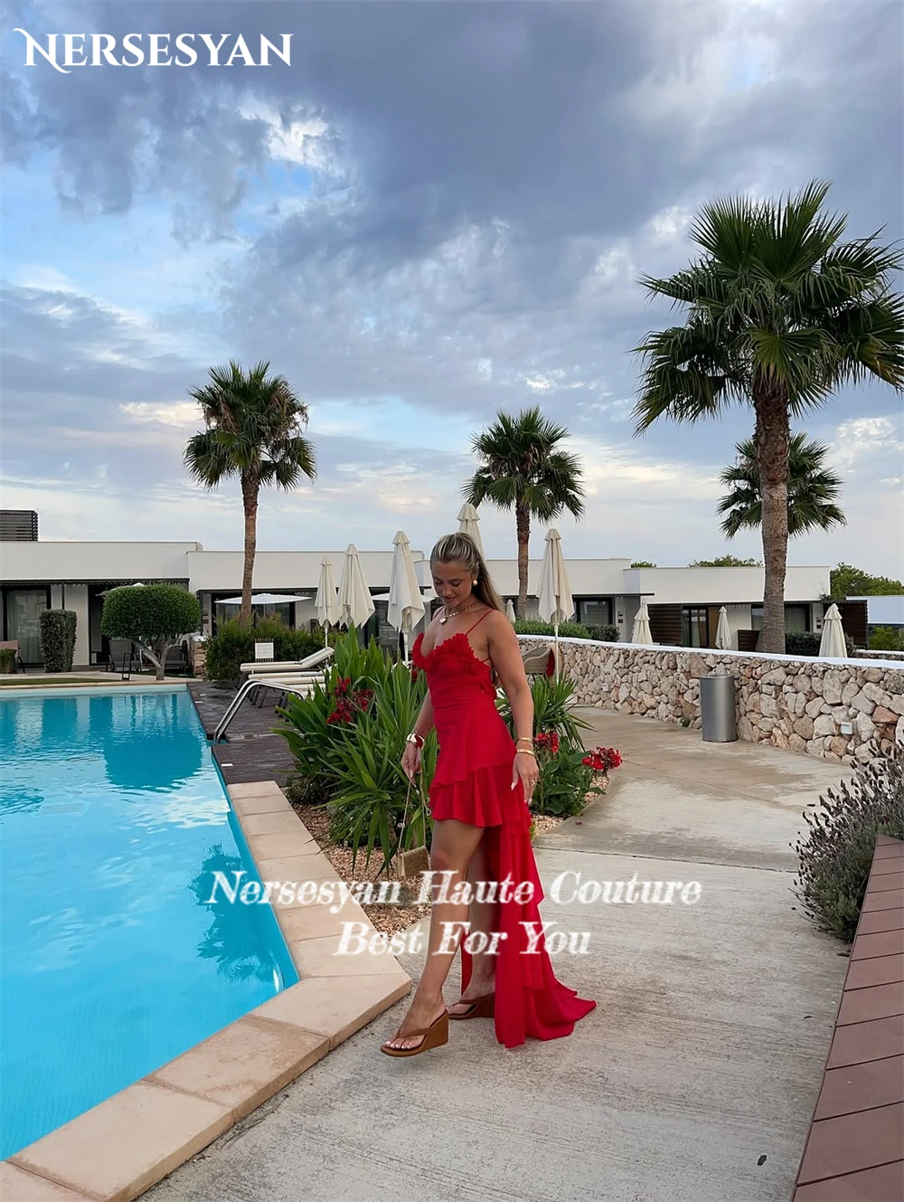 Nersesyan luxe rouge robes de bal bretelles Spaghetti fleurs 3D volants robe de soirée formelle haut/bas robes de soirée 2025 personnalisé