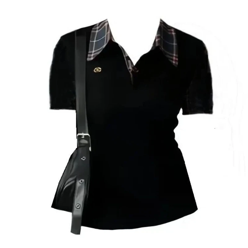 Short Sleeve Neck Plaid Patchwork Slim Korean Tops Tees New Summer Contrast Trend T Shirts Fashion Casual Women Clothing