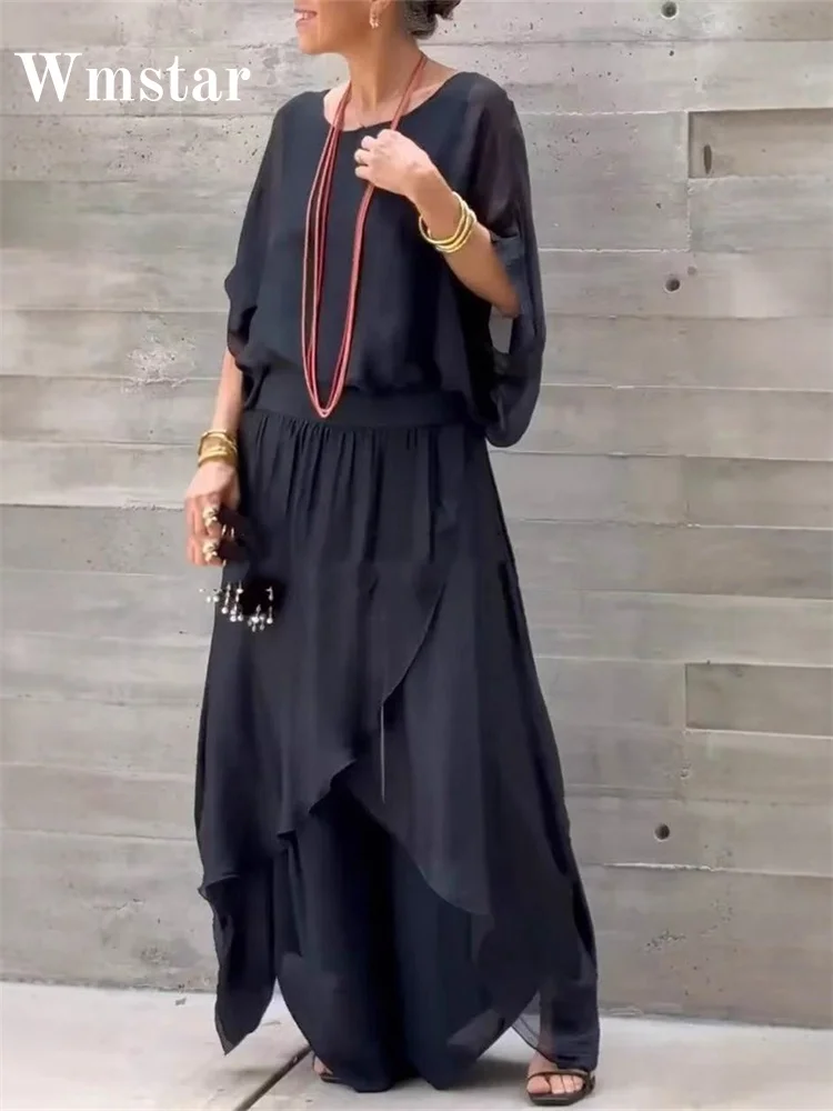

Wmstar 2 Piece Set Women Solid Short Sleeve Top Wide Leg Pants Sets Casual Sweet Streetwear Matching Suit Wholesale Dropshipping