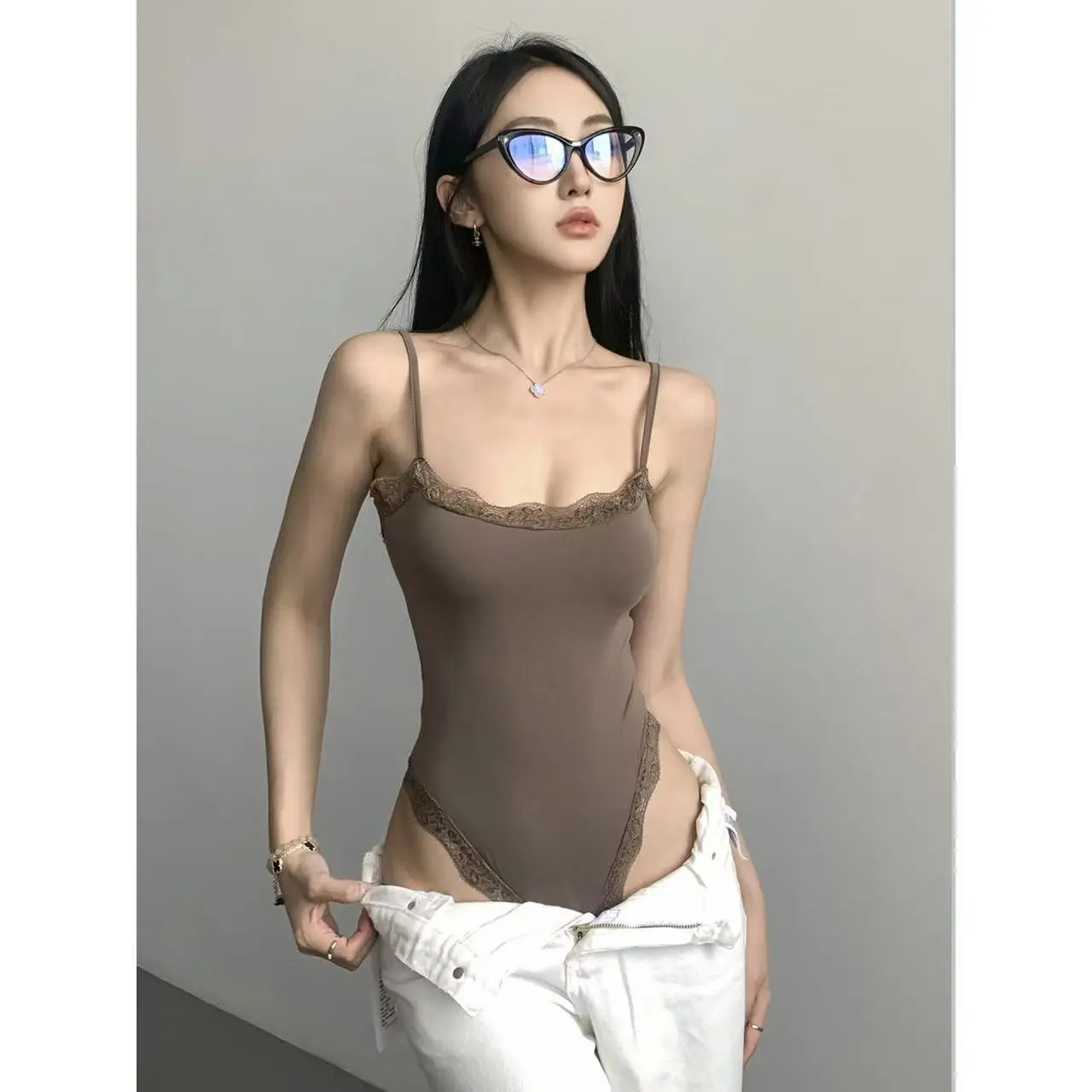 

European/American spicy girl tight fitting clothes sexy lace patchwork women's jumpsuit slim fit slimming camisole vest