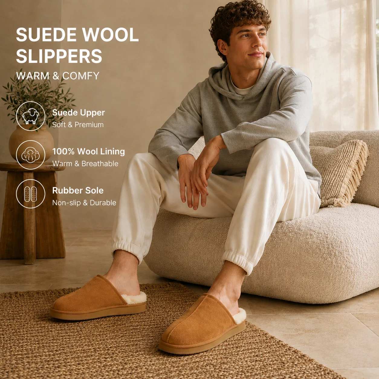 Herren-Hausschuhe aus echtem Wildleder und Wolle, warm, mit Schaffell gefüttert, weiche, gemütliche Slipper für drinnen und draußen mit Gummisohle.