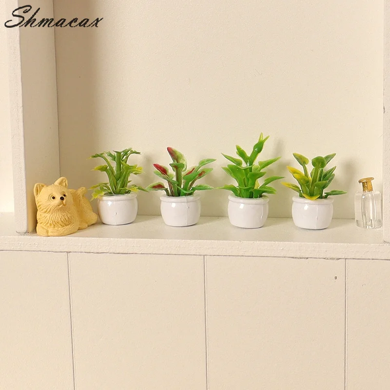 Miniature Potted Plants Flowerpot, Folha Verde, Modelo Bonsai, Decoração Do Jardim, Doll House Acessórios, Brinquedo, 1:12, 4Pcs