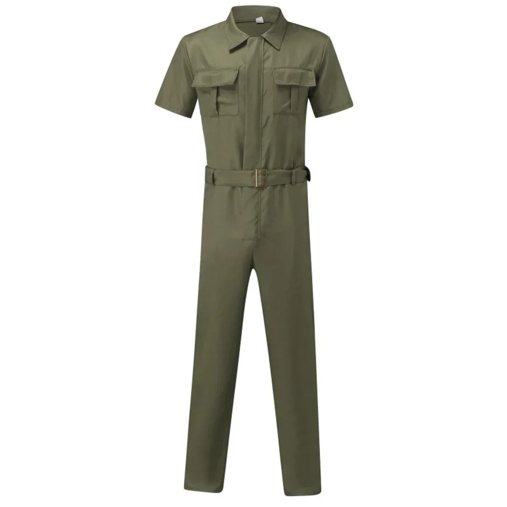 

Jumpsuit Men Bodysuit Light Weight M~3XL Soft Solid Color Summer Waist Belt Work Clothing Breathable Brand New