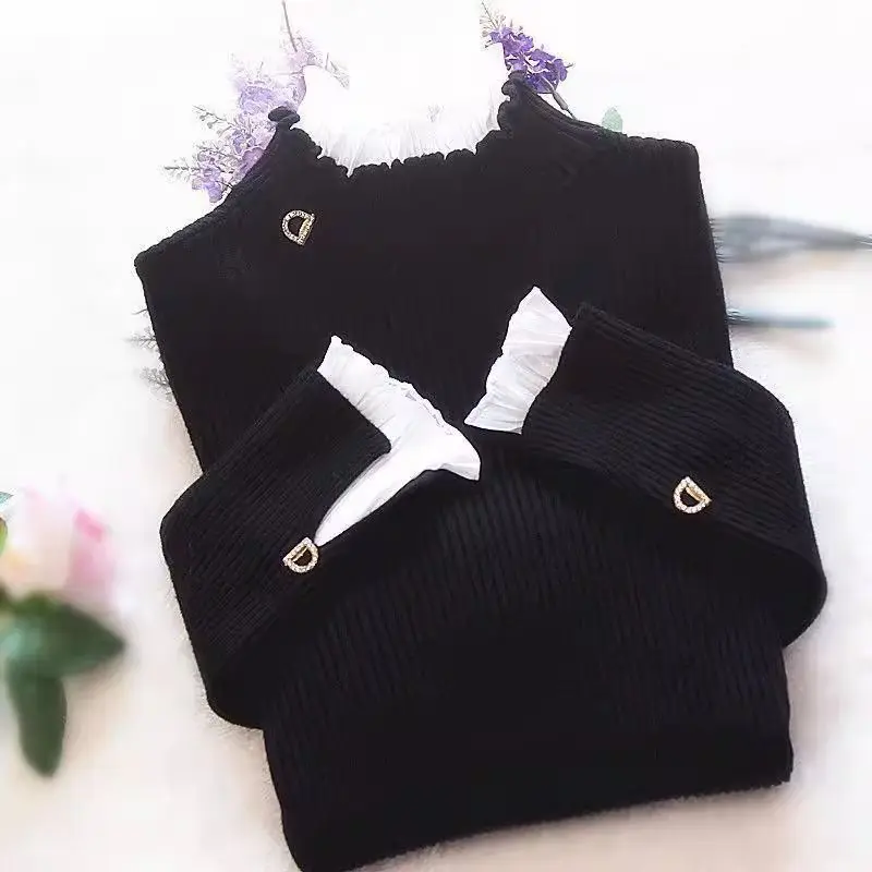 High neck base sweater Jumpers head lace lotus leaf fungus edge collar top women 2026 autumn winter new flared sleeves Pullovers