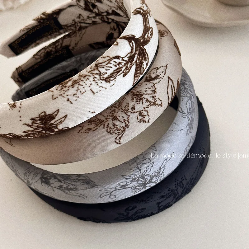 New High-Grade Satin Gray Champagne National Style Velvet Print Fine Sponge Headband Elegant Temperament Headband Headwear