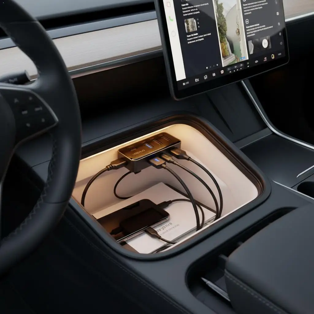 

Для Tesla для модели Y, док-станция расширения центрального управления, 4-в-1, многопортовая док-станция для перчаточного ящика, док-станция расширения, USB-адаптер