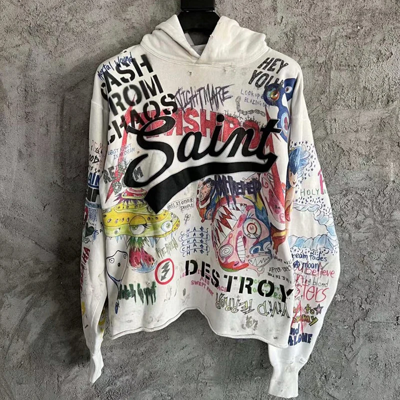 

New Graffiti Pattern Print Saint Hoodies Chaopai High Street Men Woman Washed Vintage Hole Loose Pullover Sweatshirts