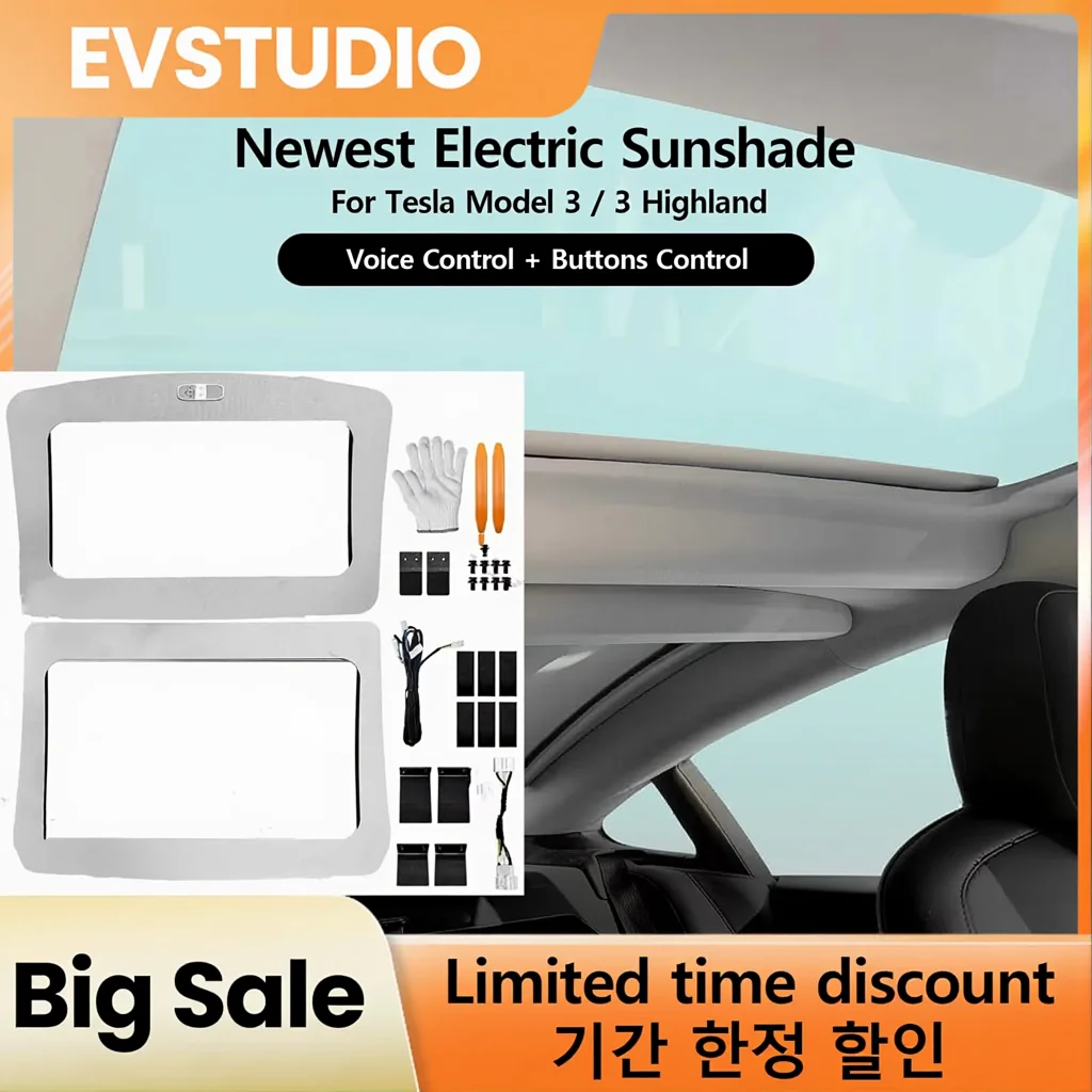

Newest Retratable Electric Sunshade for Tesla Model 3 Hightland 2019+ Roof Shade English Voice Control Button Control Sun Visor
