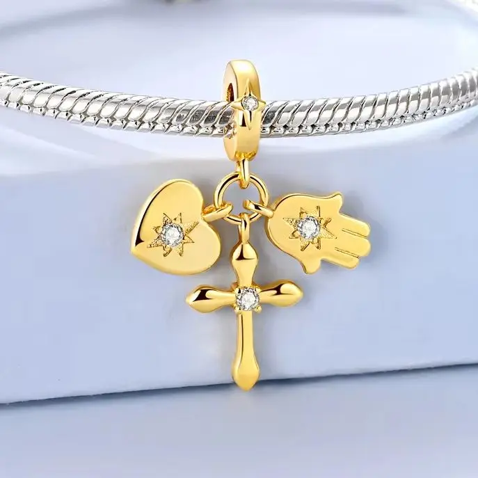 

Charm 925 Sterling Silver Golden Cross Heart Plam Pendant for Woman Fit Bracelet Bead Making Fine Jewelry Gift