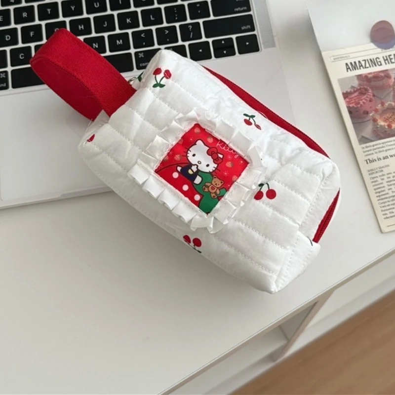 

New Cute HelloKitty Doll Cherry Print Makeup Bag Cartoon KT Large Capacity Cosmetic Storage Bag Student Portable Pen Bags Gifts