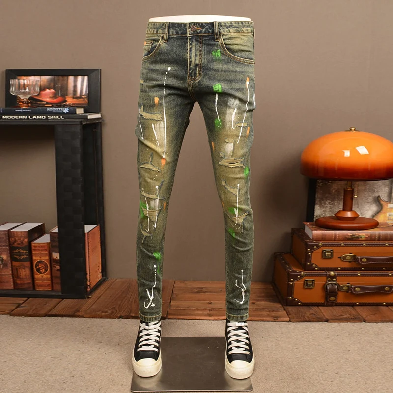 

Y2K Street Designer Fashion Men Jeans Retro Washed Stretch Slim Fit Painted Ripped Jeans Men Summer Hip Hop Vintage Denim Pants
