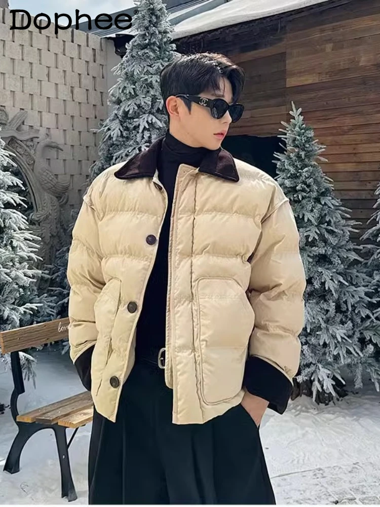 2024 Winter New Chic Parkas Thickened Warm Corduroy Lapel Long Sleeve Cotton Jackets Men's Single-breasted Casual Cotton Jacket