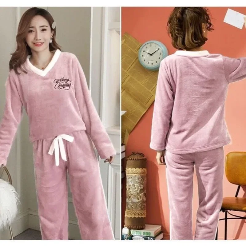 Terno de pijama de manga comprida solto para senhora, flanela quente espessa, versão coreana solta, pode ser vestida fora, outono e inverno