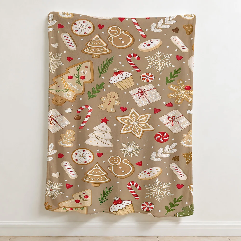 Cozy Holiday Christmas Gingerbread Cookies Pattern Throw Blanket for Sofa Bedding Xmas Gift
