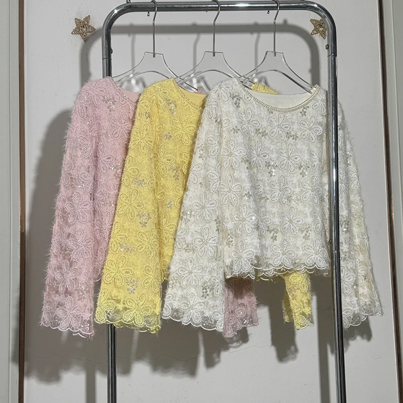 

Модный женский топ с длинным рукавом и круглым вырезом, роскошный, трендовый, с бисером и жемчугом, новый дизайн Yanire