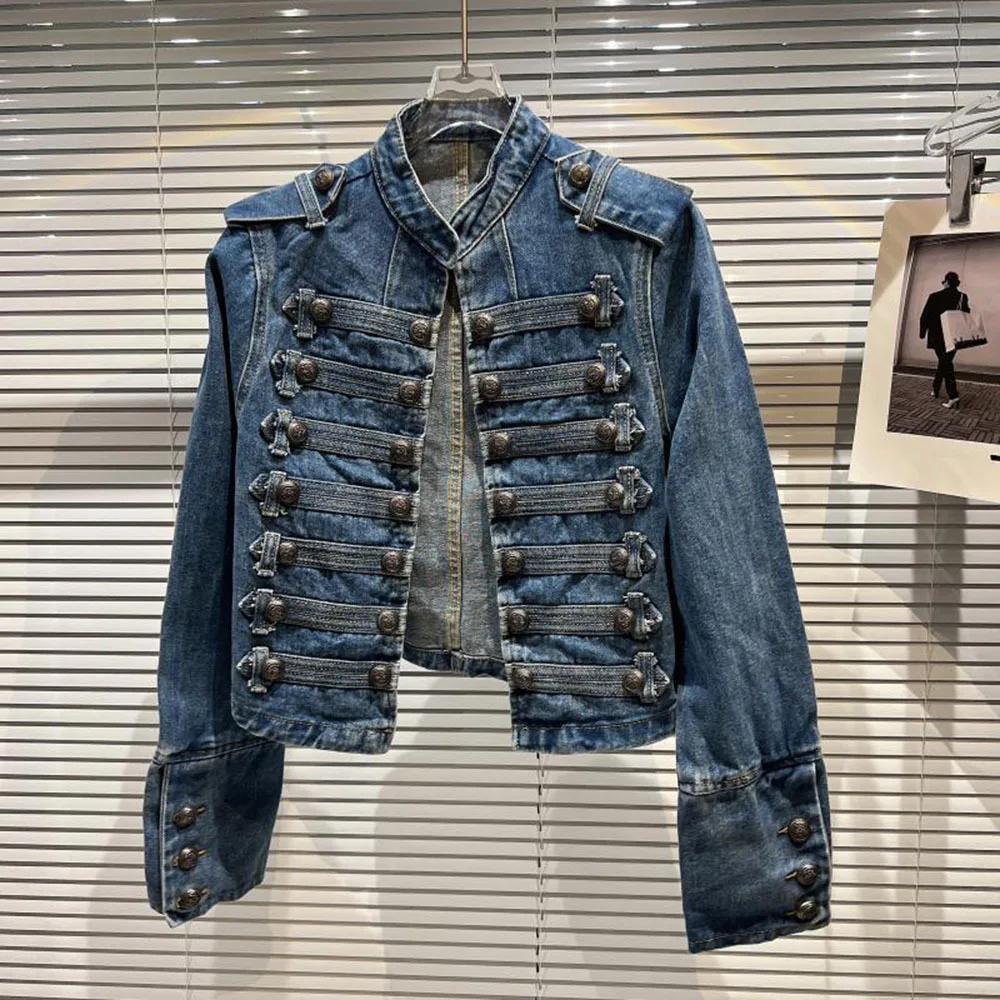 2025 Spring Autumn Womens Slim Metal Rib Button Design Denim Top Fashion Outer Washed Jacket Women'S Clothing Jean Short Coat