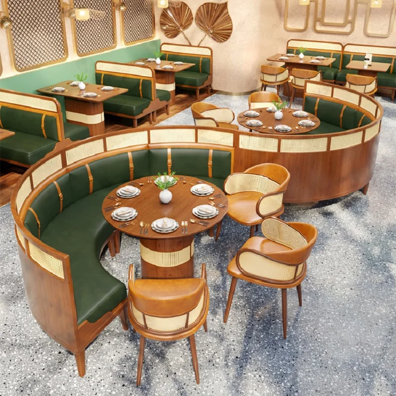 creative rattan solid wood booth sofa restaurant semi-circle booth coffee shop Western restaurant luxury  table and chair