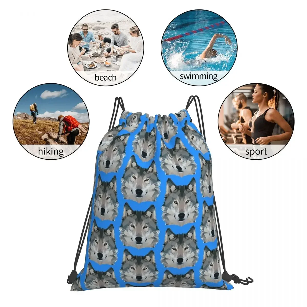 Mochilas Lobo portátil para homem e mulher, Moda Drawstring Bundle Pocket Shoes Bag, Bookbag para a escola