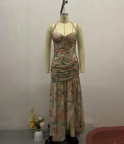 

Womens Dresses 2025 New Fashion Printed Low Cut Sleeveless Ruched Hip Hugging Backless Sexy Slit Elegant Suspender Long Dress