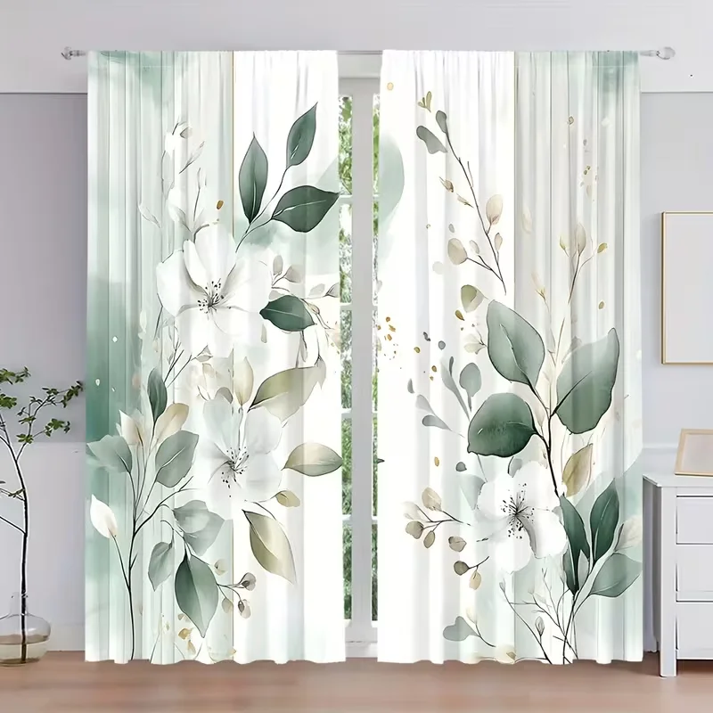 2 Stück grün-weiße Vorhänge mit Blumenmuster, Aquarell-Botanik-Druck, lichtfilternde transparente Vorhänge, elegante, minimalistische Heimdekoration für Schlafzimmer