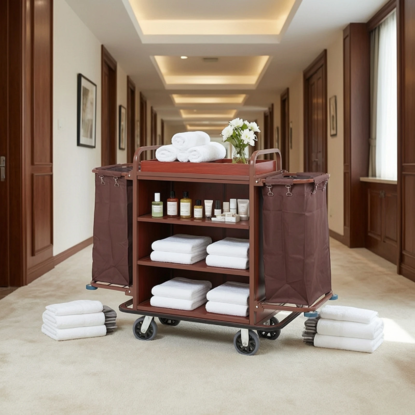Hotel Service Cart Commercial Cleaning Cart with Bins Heavy-Duty Smooth Moving for Housekeepers, Hotels, Guesthouses