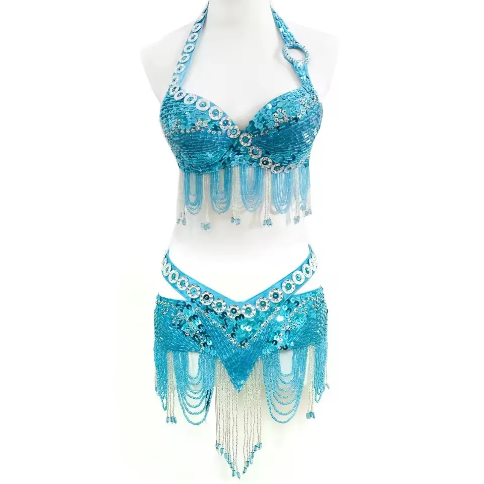 Handgefertigtes Pailletten-Bauchtanzkostüm für Damen, professionelle Tanzkleidung, BH-Gürtel, 2-teilig, orientalische Tanzkleidung