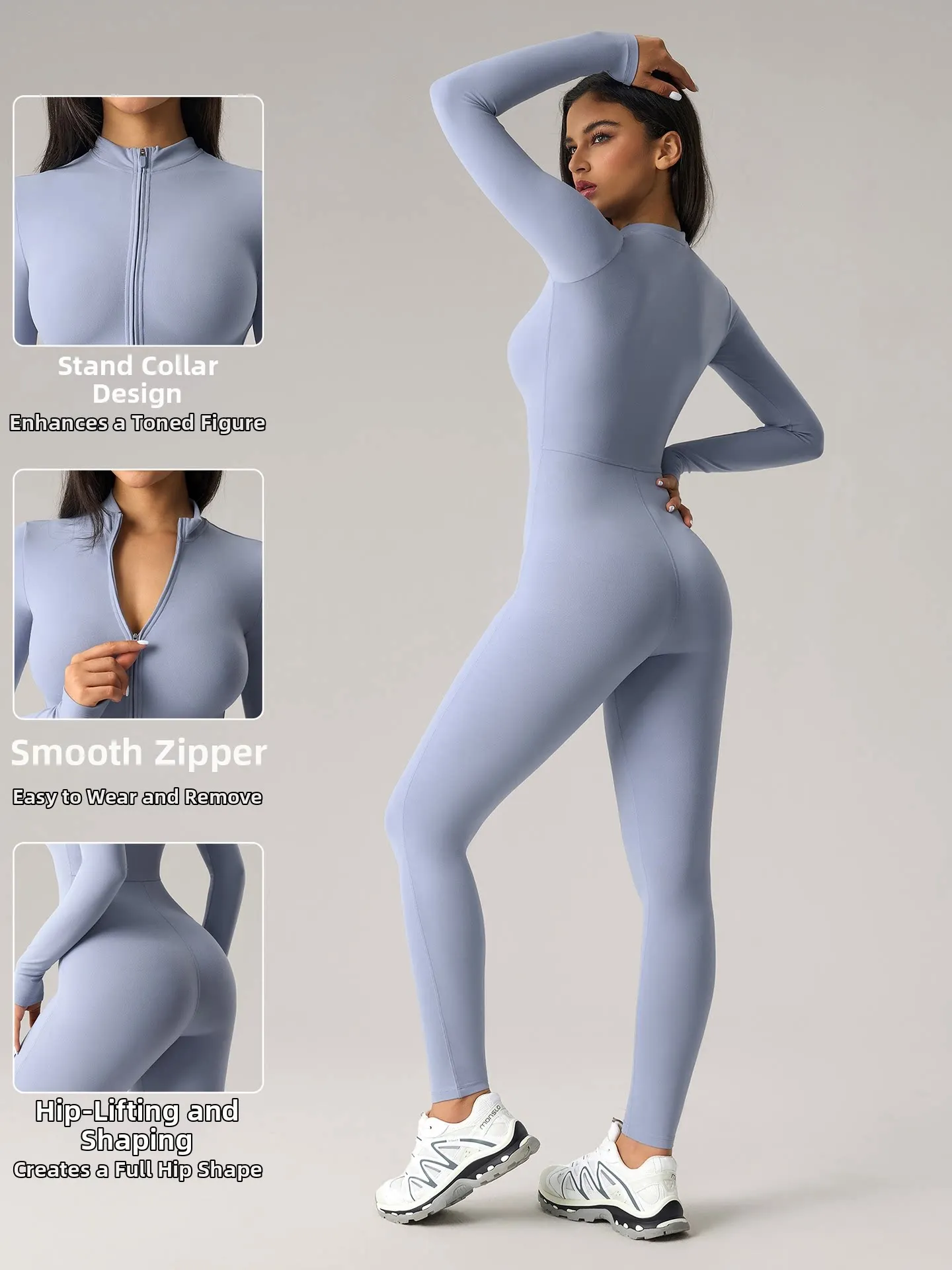 Women Long Sleeve Half‑Zip Yoga Bodysuit High Stretch Tight‑Fit Shaping Butt‑Lifting Slimming One‑Piece Workout Jumpsuit