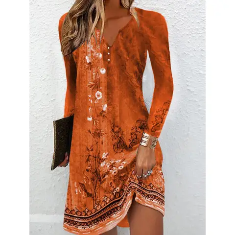 V Neck Long Sleeve Floral Print Tunic Dress with Button Detail