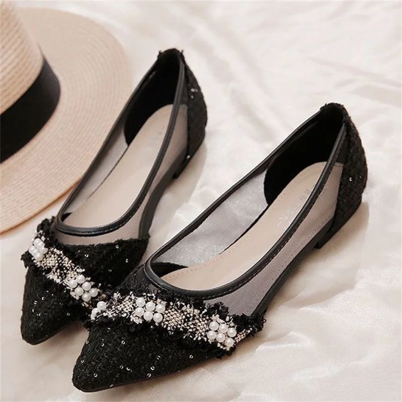 

Women Casual Pointed Shoes Ladies Comfy Pearls Ballet Flats Girls Breathable Mesh Loafers Zapatos Mujer Walking Footwear 2022