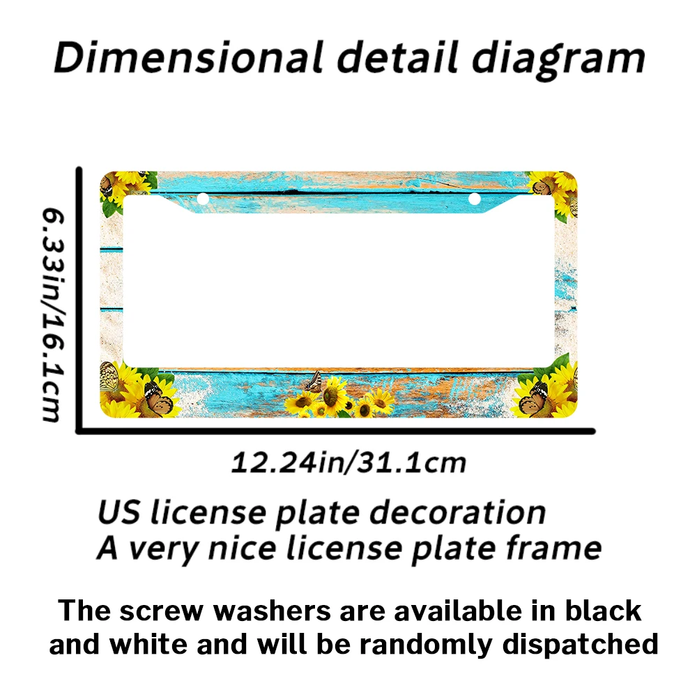 Bingkai Pelat Nomor 2 Lubang Pola Kayu Biru Vintage dengan Desain Kupu-kupu Bunga Matahari, Bahan Aluminium, 6x12 Inci